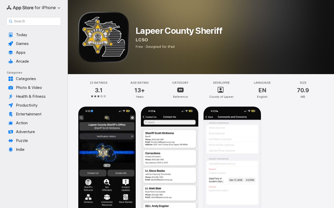 Official Lapeer County Sheriff app listing in the Apple App Store