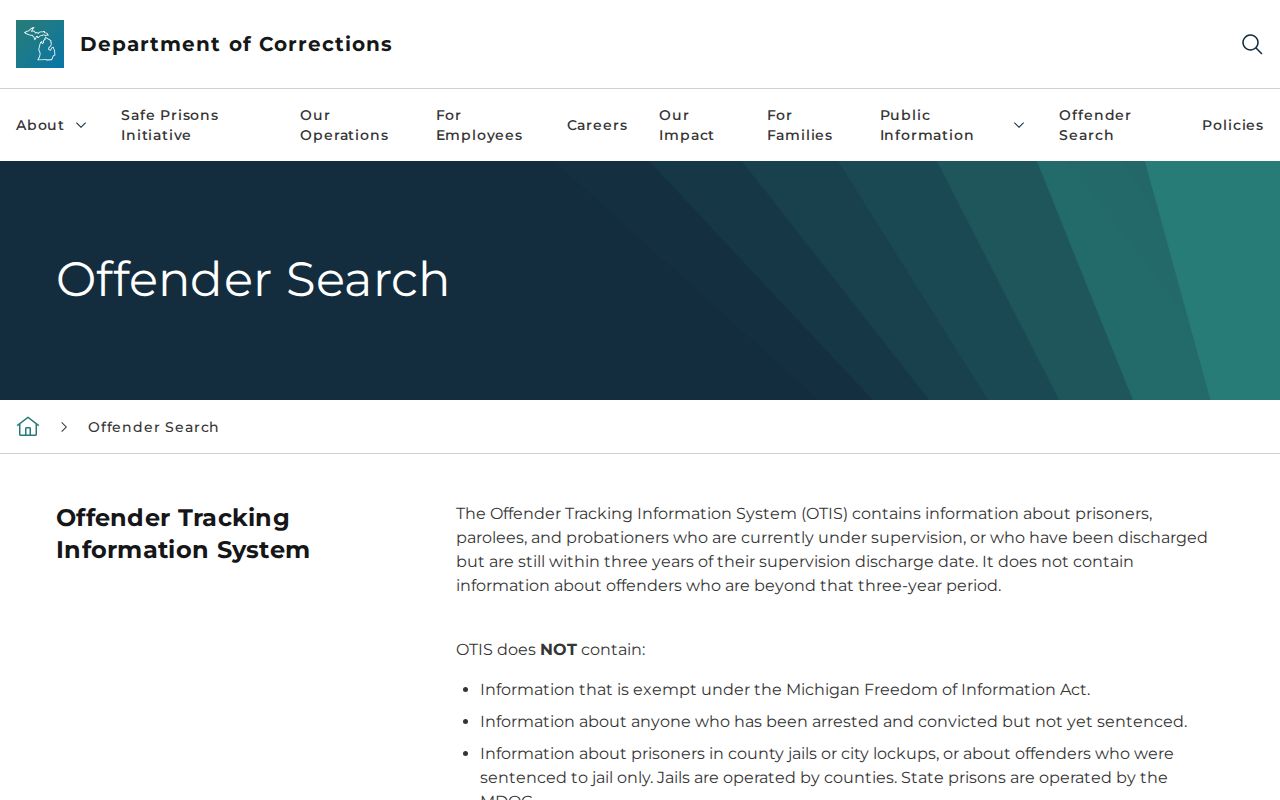 Michigan Department of Corrections OTIS official search page