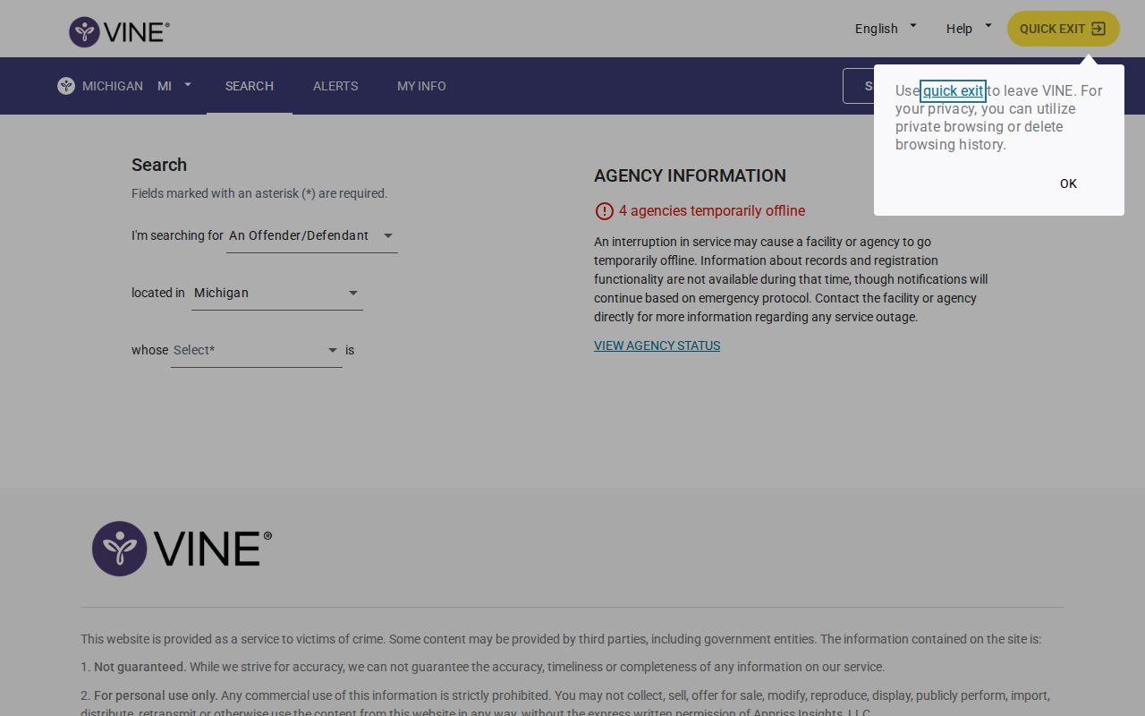VINELink Michigan person search controls