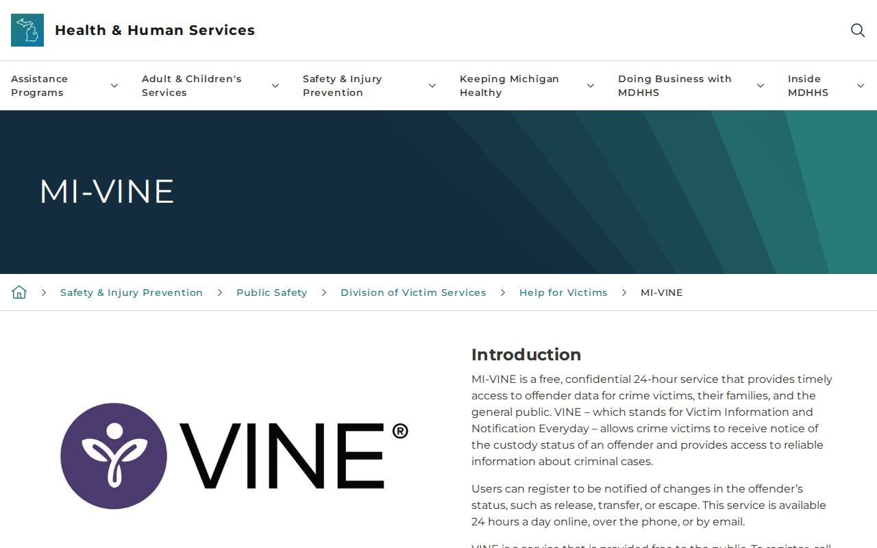Michigan MI-VINE information page for custody checks and notifications