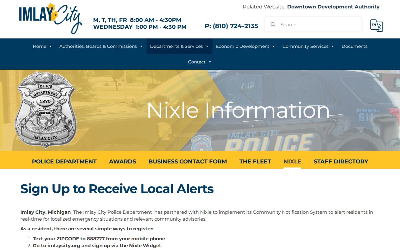 Imlay City Nixle enrollment information webpage