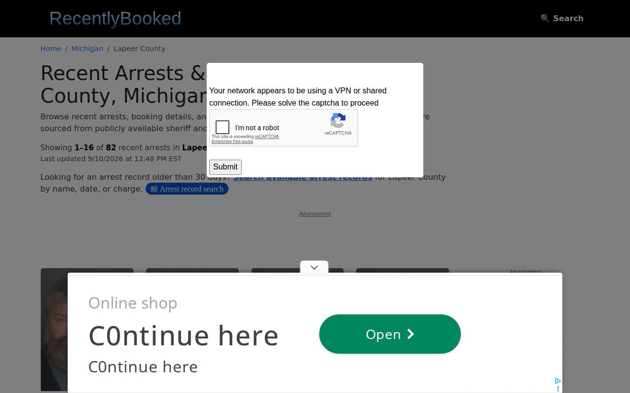 RecentlyBooked unofficial Lapeer County page interface