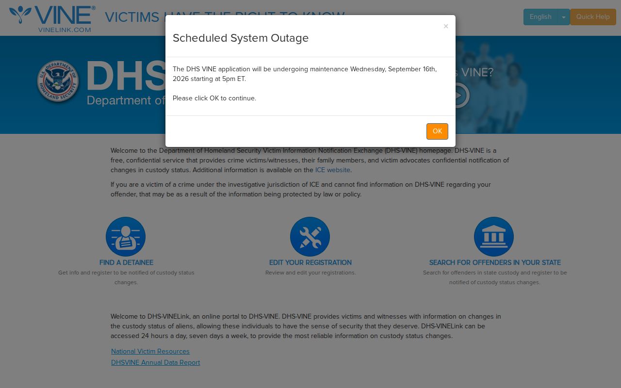 DHS-VINE federal immigration custody notification page