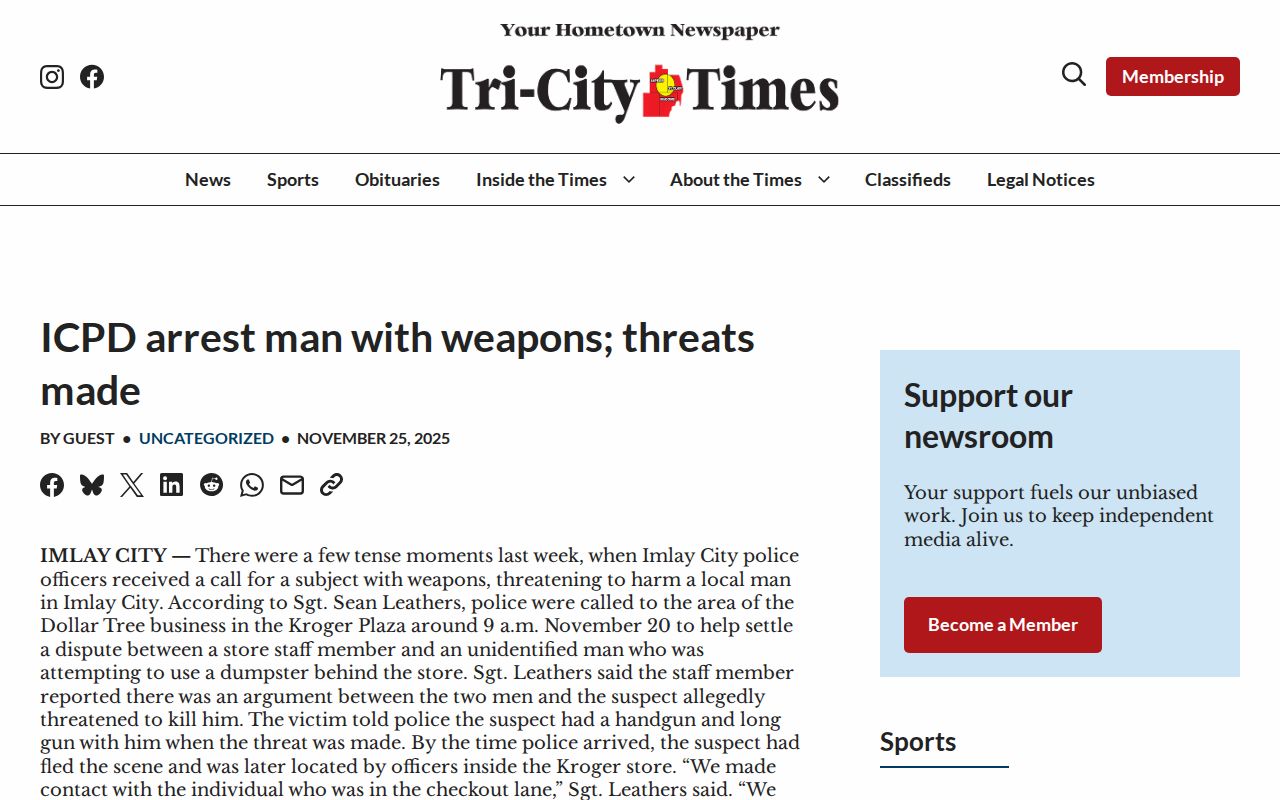 Tri-City Times report concerning an Imlay City arrest